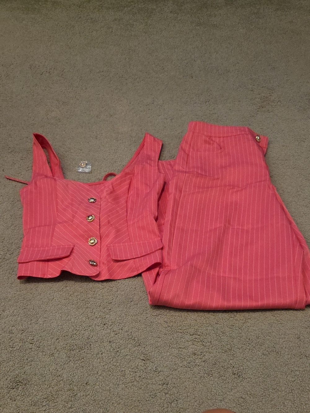 Pink Pinstripe Two-Piece Vest and High-Waist Pant Set